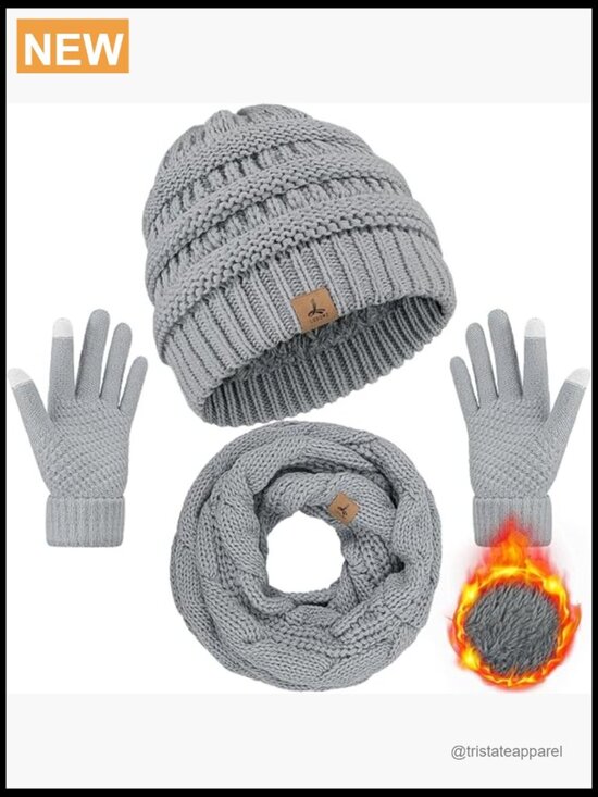 Winter Beanie Hat Scarf Gloves Set Warm Fleece Knit Touch Screen Gloves Unisex main image 5